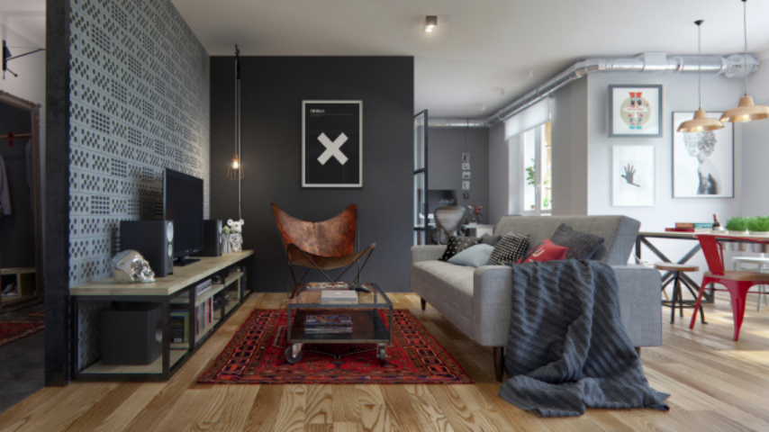 Холостяцкий интерьер
с атмосферой антикафе