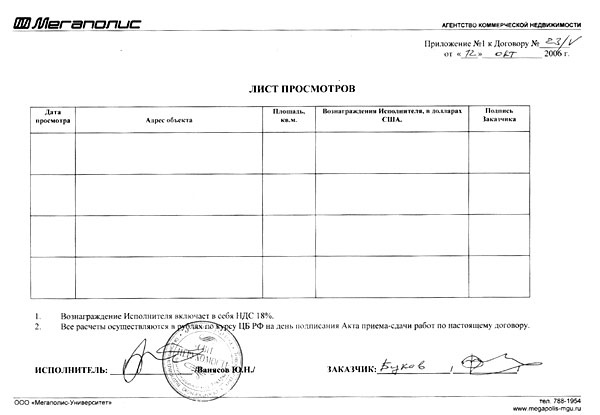 Лист просмотра объекта недвижимости образец