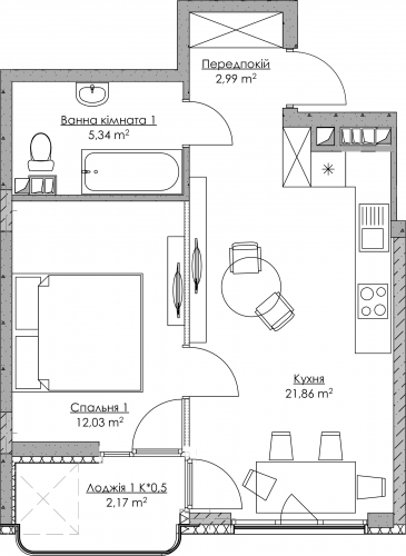 1-кімнатна 42.24 м² в ЖК O2 Residence від 31 023 грн/м², Київ