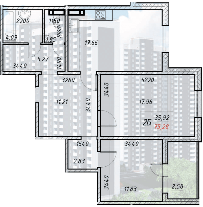 2-комнатная 75.28 м² в ЖК Деснянский от 21 500 грн/м², Киев