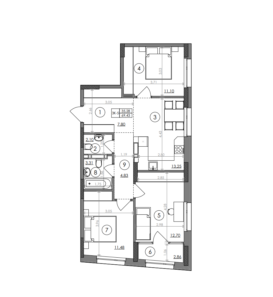 3-комнатная 69.43 м² в ЖК Svitlo Park от 41 059 грн/м², Киев