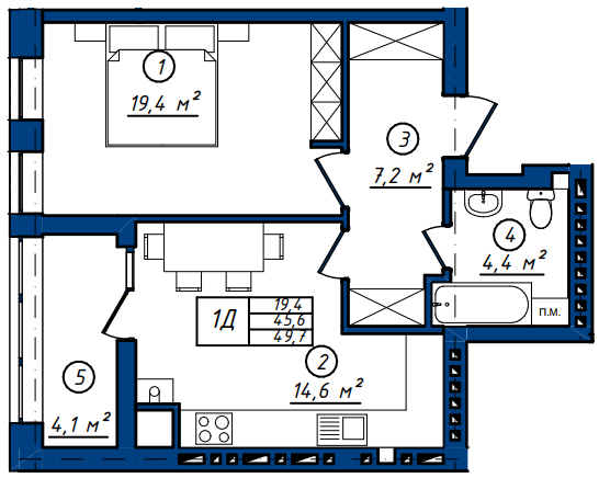 1-комнатная 49.7 м² в ЖК Солнечный от 14 800 грн/м², г. Васильков