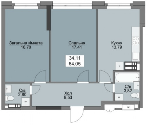 2-кімнатна 64.05 м² в ЖК Вишгород Плаза від 27 500 грн/м², м. Вишгород