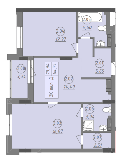 2-комнатная 64.32 м² в ЖК Променада от 24 900 грн/м², г. Вишневое