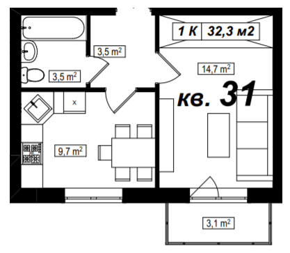 1-кімнатна 32.3 м² в ЖК Амстердам від 18 000 грн/м², с. Білогородка