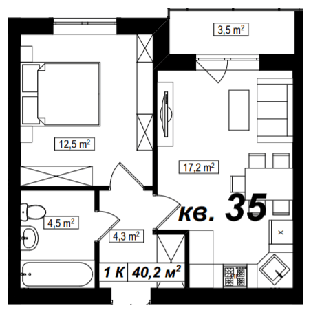 1-кімнатна 40.2 м² в ЖК Амстердам від 18 000 грн/м², с. Білогородка