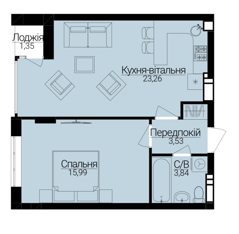 1-кімнатна 47.3 м² в ЖК Гостомель Residence від 23 000 грн/м², смт Гостомель