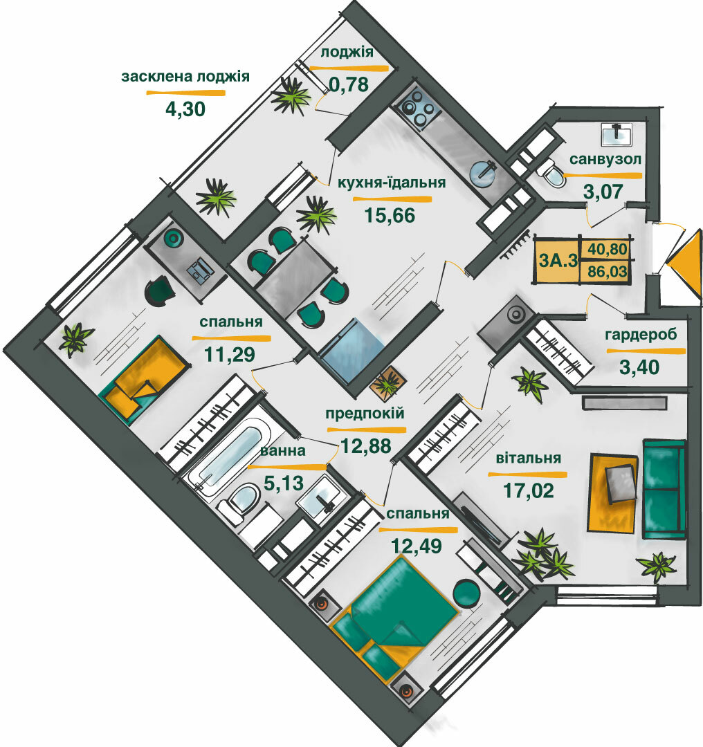 3-кімнатна 86.03 м² в ЖК Сирецькі сади від 32 153 грн/м², Київ