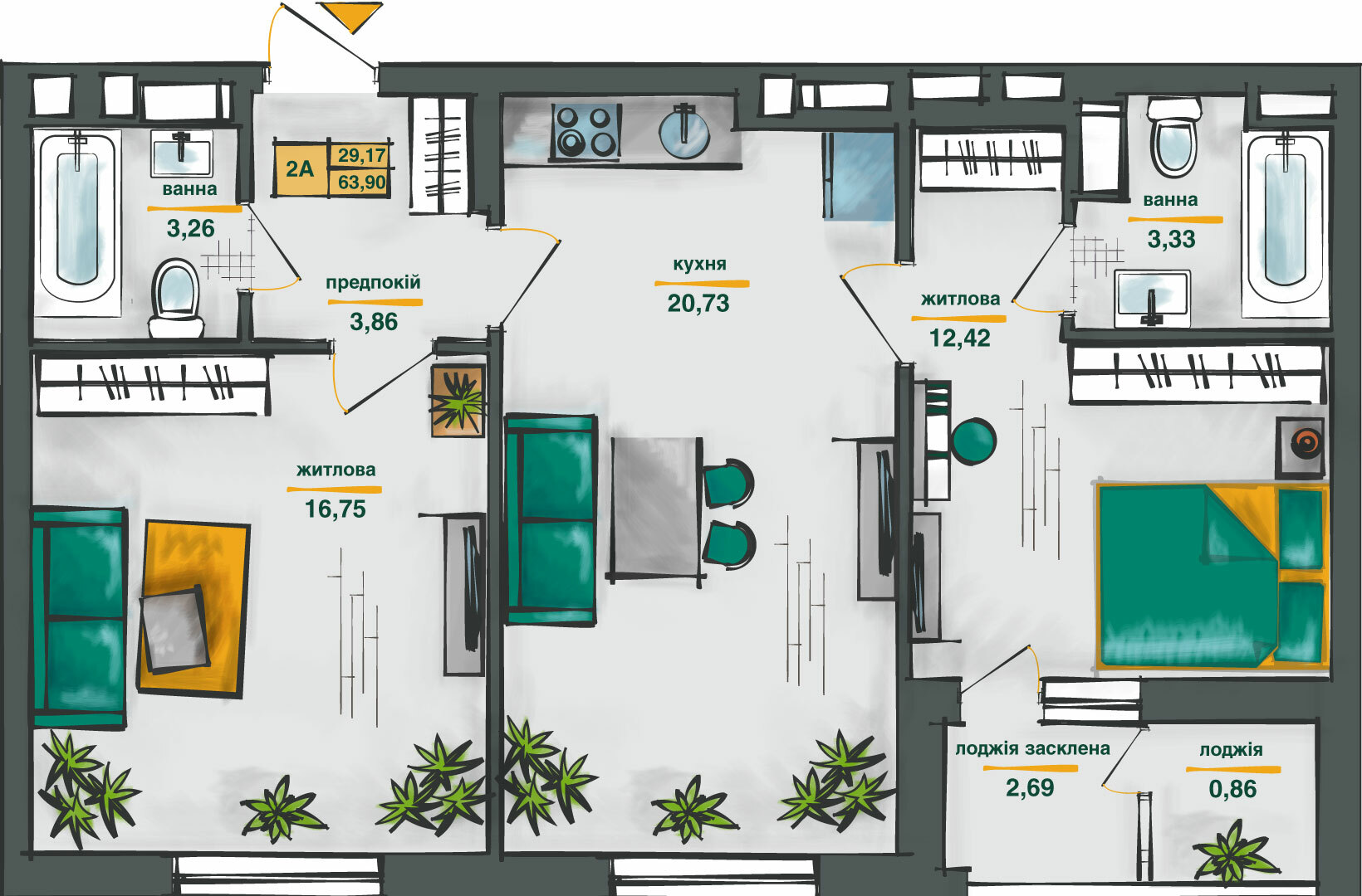 2-кімнатна 63.87 м² в ЖК Сирецькі сади від 32 781 грн/м², Київ