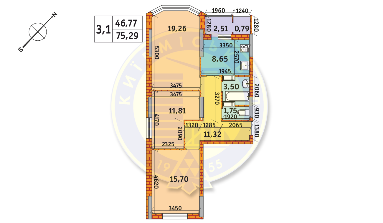 3-кімнатна 75.29 м² в ЖК Оберіг-2 від 28 366 грн/м², Київ