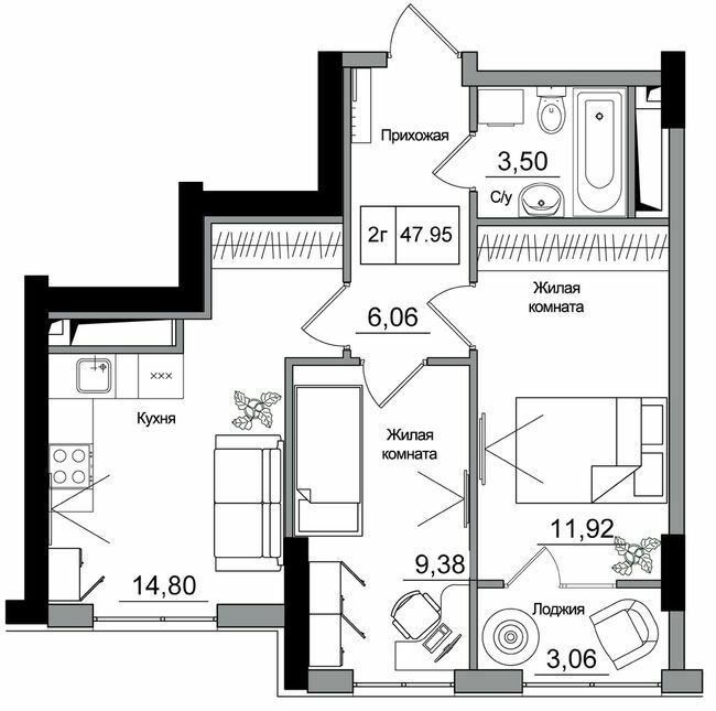 2-комнатная 47.95 м² в ЖГ ARTVILLE от 22 200 грн/м², пгт Авангард