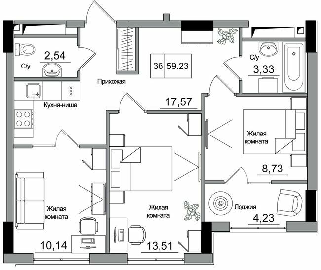 3-комнатная 59.23 м² в ЖГ ARTVILLE от 22 200 грн/м², пгт Авангард