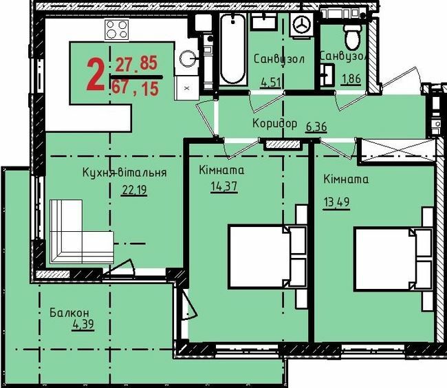 2-комнатная 67.15 м² в ЖК Континент от 26 500 грн/м², с. Сокольники