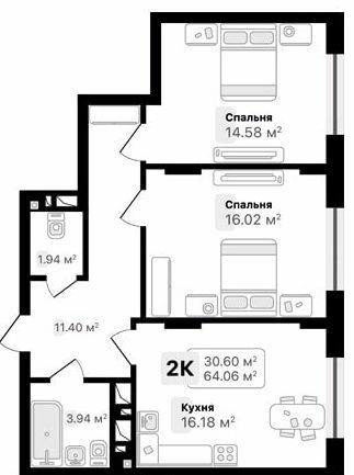 2-комнатная 64.06 м² в ЖК AUROOM FOREST от 20 100 грн/м², г. Винники