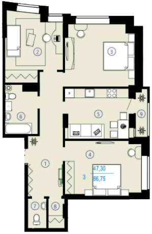 3-комнатная 86.75 м² в ЖК Меридиан от 17 500 грн/м², Харьков