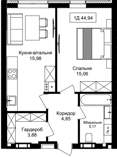 1-кімнатна 44.94 м² в ЖК Premier Tower від 37 450 грн/м², Вінниця