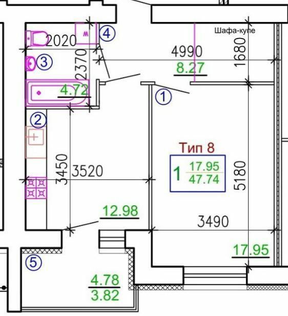 1-комнатная 47.74 м² в Мкрн Академический от 20 750 грн/м², Винница