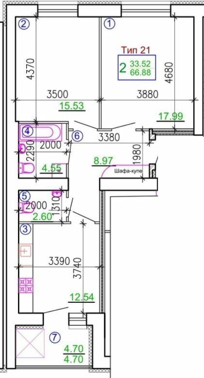 2-кімнатна 66.88 м² в Мкрн Академічний від 19 250 грн/м², Вінниця