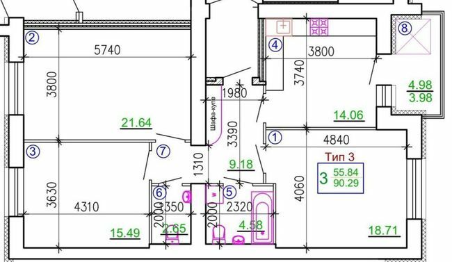 3-комнатная 90.29 м² в Мкрн Академический от 18 650 грн/м², Винница