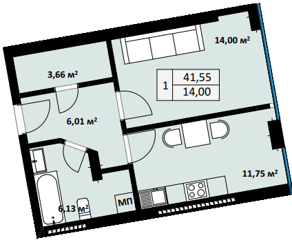 1-кімнатна 41.55 м² в ЖК Uzh Towers від 24 600 грн/м², Ужгород