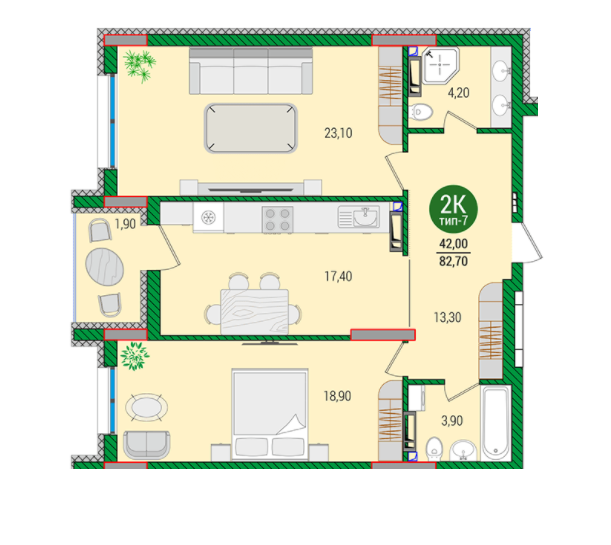 2-комнатная 82.7 м² в ЖК Q-smart от 23 750 грн/м², Киев