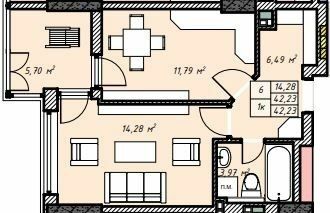 1-кімнатна 42.23 м² в ЖК Sky Hall від 25 850 грн/м², Рівне