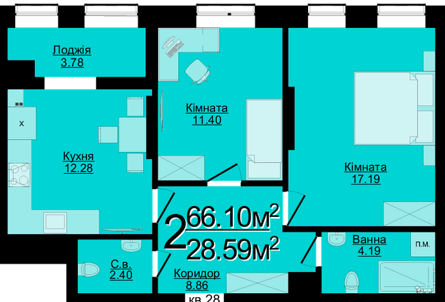 2-кімнатна 66.1 м² в ЖК Compass від 26 950 грн/м², Чернівці