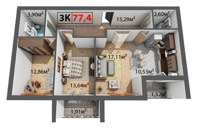 3-комнатная 77.4 м² в ЖК Квартал Венский от 14 200 грн/м², Ивано-Франковск