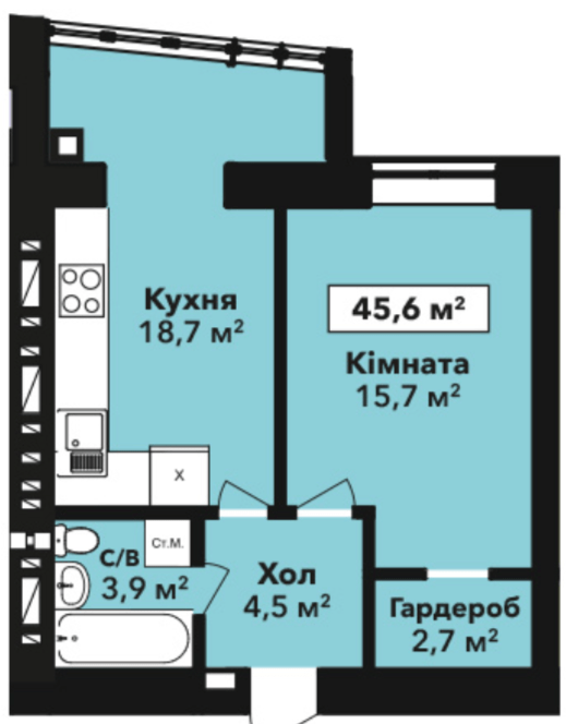 1-кімнатна 45.6 м² в ЖК Перлина Проскурова-2 від 15 100 грн/м², Хмельницький