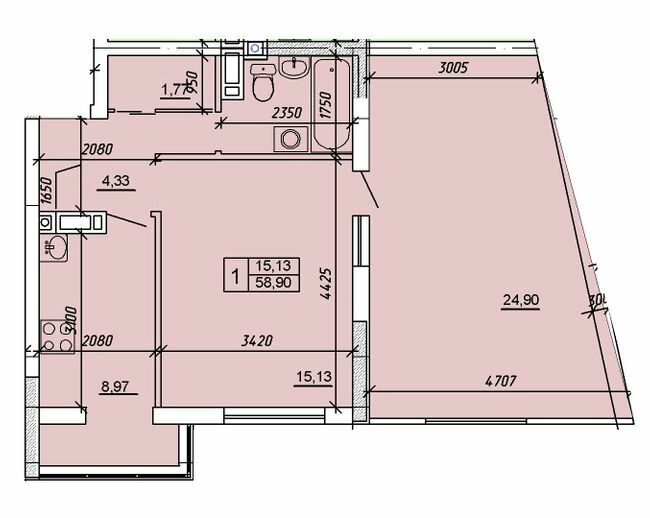 1-кімнатна 58.9 м² в ЖК Приозерний від 13 500 грн/м², Хмельницький