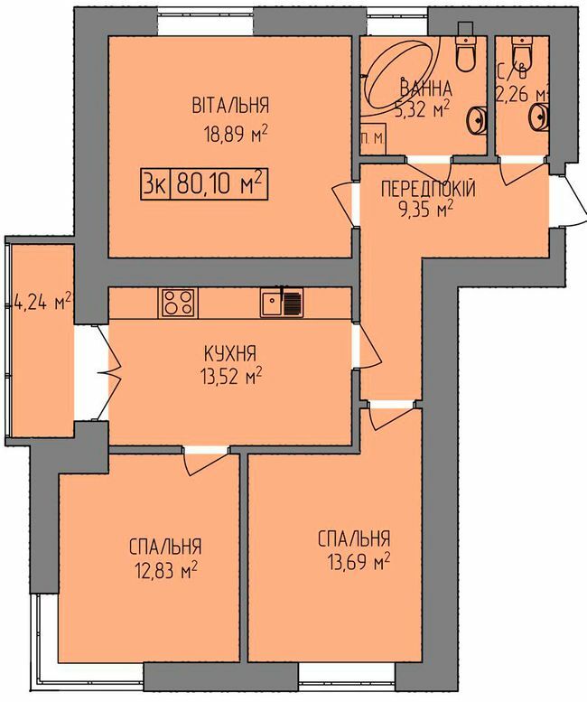 3-кімнатна 80.1 м² в ЖК OZERO від 16 100 грн/м², Івано-Франківськ