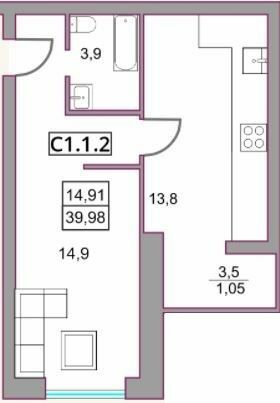 1-комнатная 39.98 м² в ЖК Левада от 28 800 грн/м², г. Борисполь