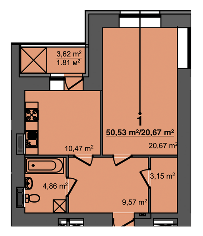 1-комнатная 50.53 м² в ЖК Свитанок от 17 900 грн/м², г. Борисполь