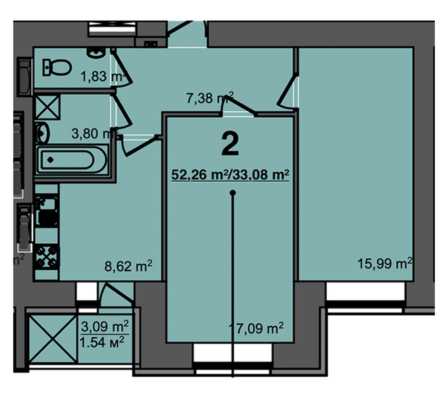 2-комнатная 52.26 м² в ЖК Свитанок от 17 500 грн/м², г. Борисполь