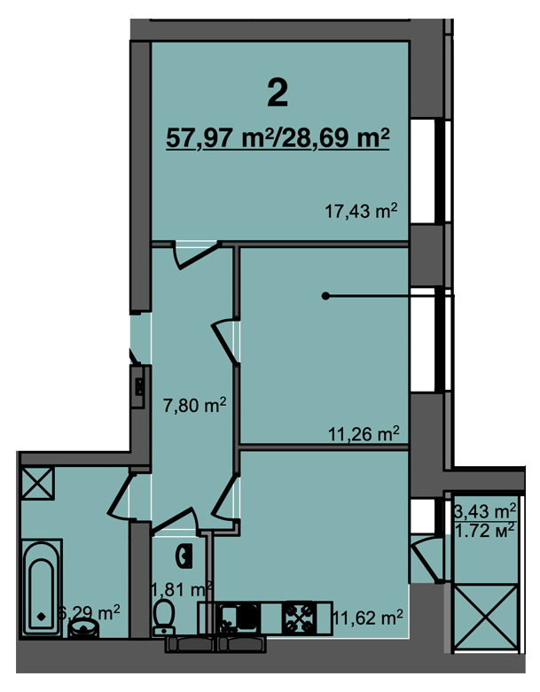 2-кімнатна 57.97 м² в ЖК Світанок від 17 500 грн/м², м. Бориспіль