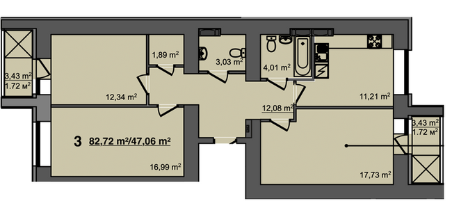 3-кімнатна 82.72 м² в ЖК Світанок від 17 300 грн/м², м. Бориспіль