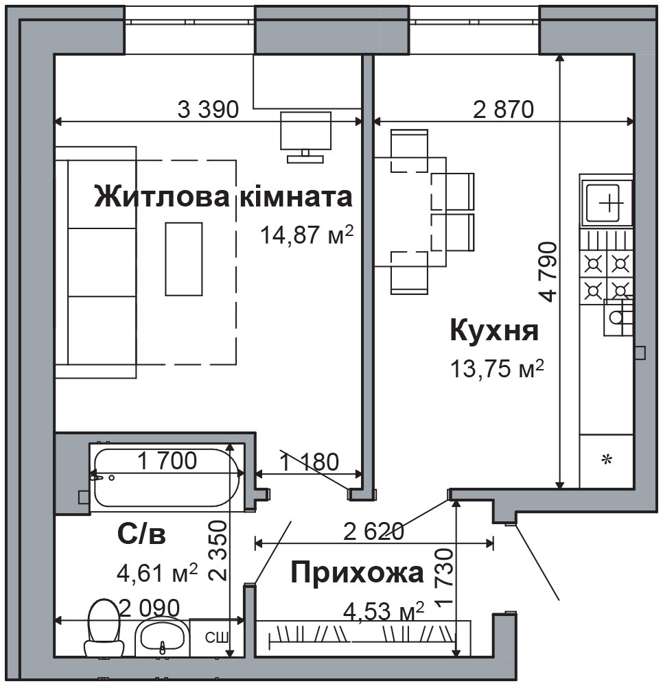 1-комнатная 37.76 м² в ЖК RODNOY-2 от 22 500 грн/м², с. Гатное