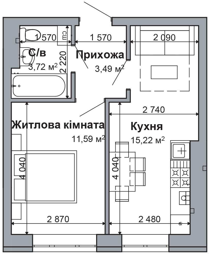 1-комнатная 34.02 м² в ЖК RODNOY-2 от 22 500 грн/м², с. Гатное