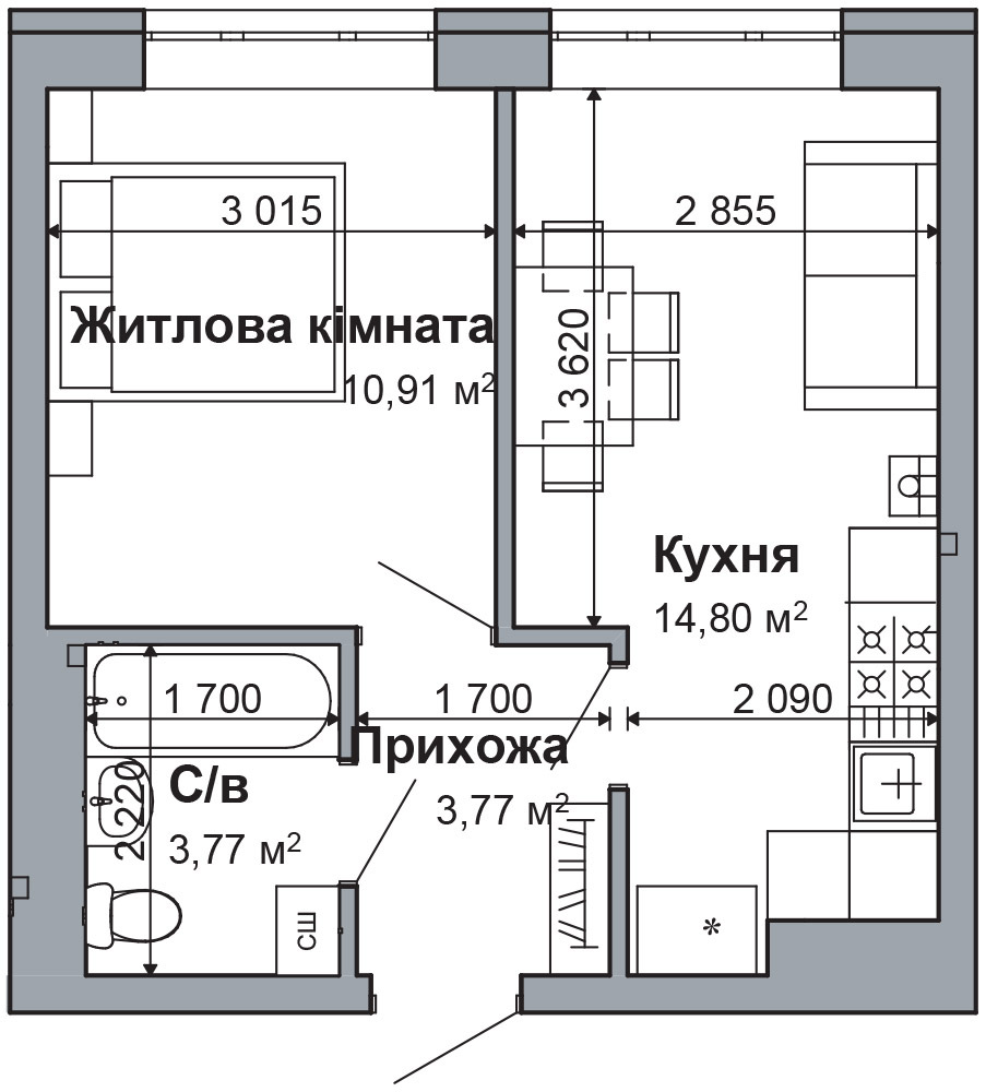 1-кімнатна 33.25 м² в ЖК RODNOY-2 від 22 500 грн/м², с. Гатне
