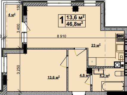 1-кімнатна 46.8 м² в ЖК Vlasna від 22 000 грн/м², с. Ходосівка