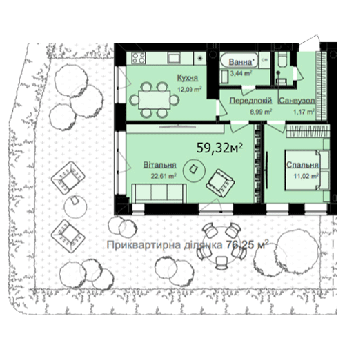 2-кімнатна 59.32 м² в ЖК Vlasna від 23 000 грн/м², с. Ходосівка