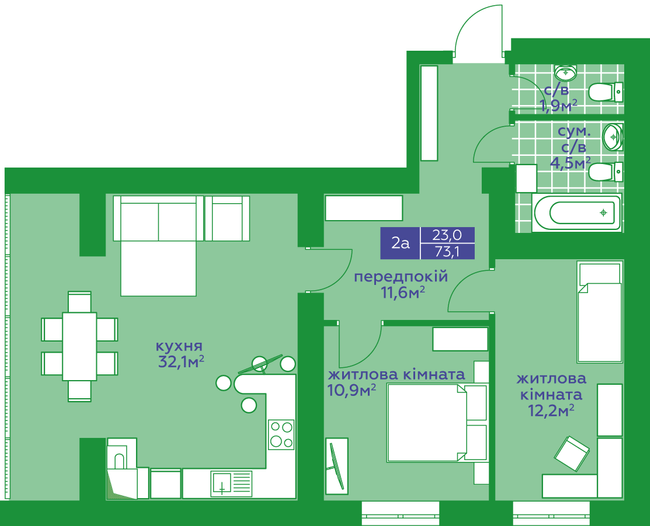 2-кімнатна 73.1 м² в ЖК Квартал Парковий від 16 950 грн/м², м. Обухів