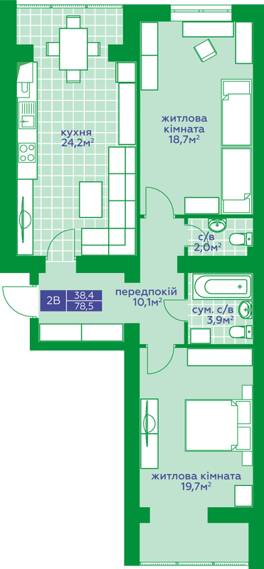 2-кімнатна 78.5 м² в ЖК Квартал Парковий від 15 450 грн/м², м. Обухів