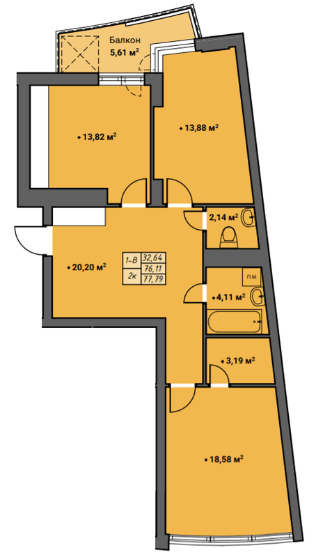 2-комнатная 77.79 м² в ЖК Amber Park от 18 650 грн/м², Ровно