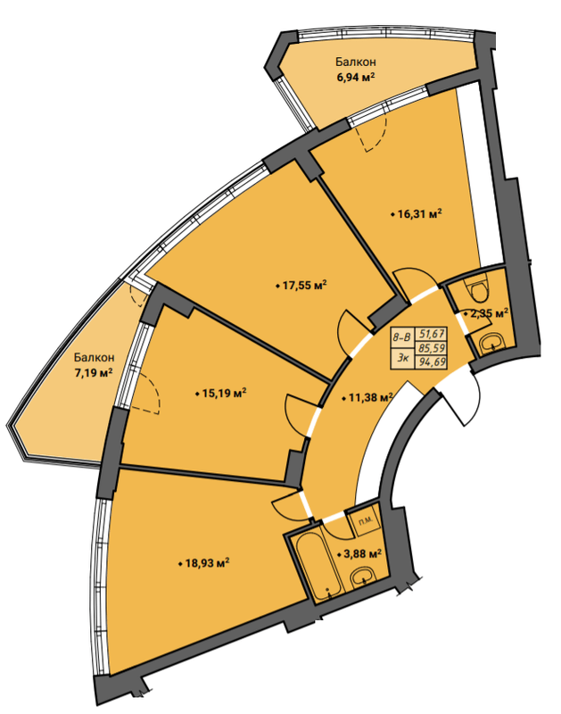 3-комнатная 94.69 м² в ЖК Amber Park от 15 800 грн/м², Ровно