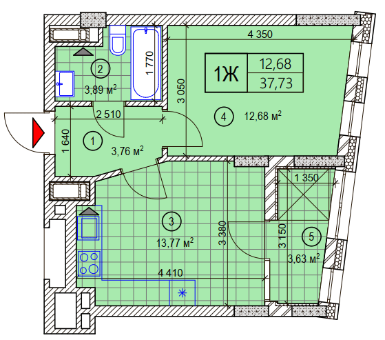 1-комнатная 37.73 м² в ЖК Вежа на Ломоносова от 46 100 грн/м², Киев