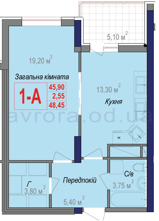 1-кімнатна 48 м² в ЖК Аврора від 22 700 грн/м², Одеса