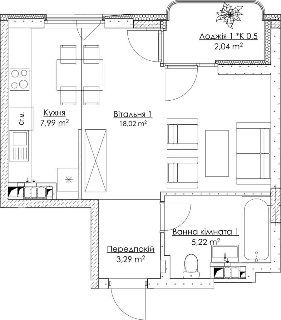 1-комнатная 35.56 м² в ЖК O2 Residence от 32 503 грн/м², Киев