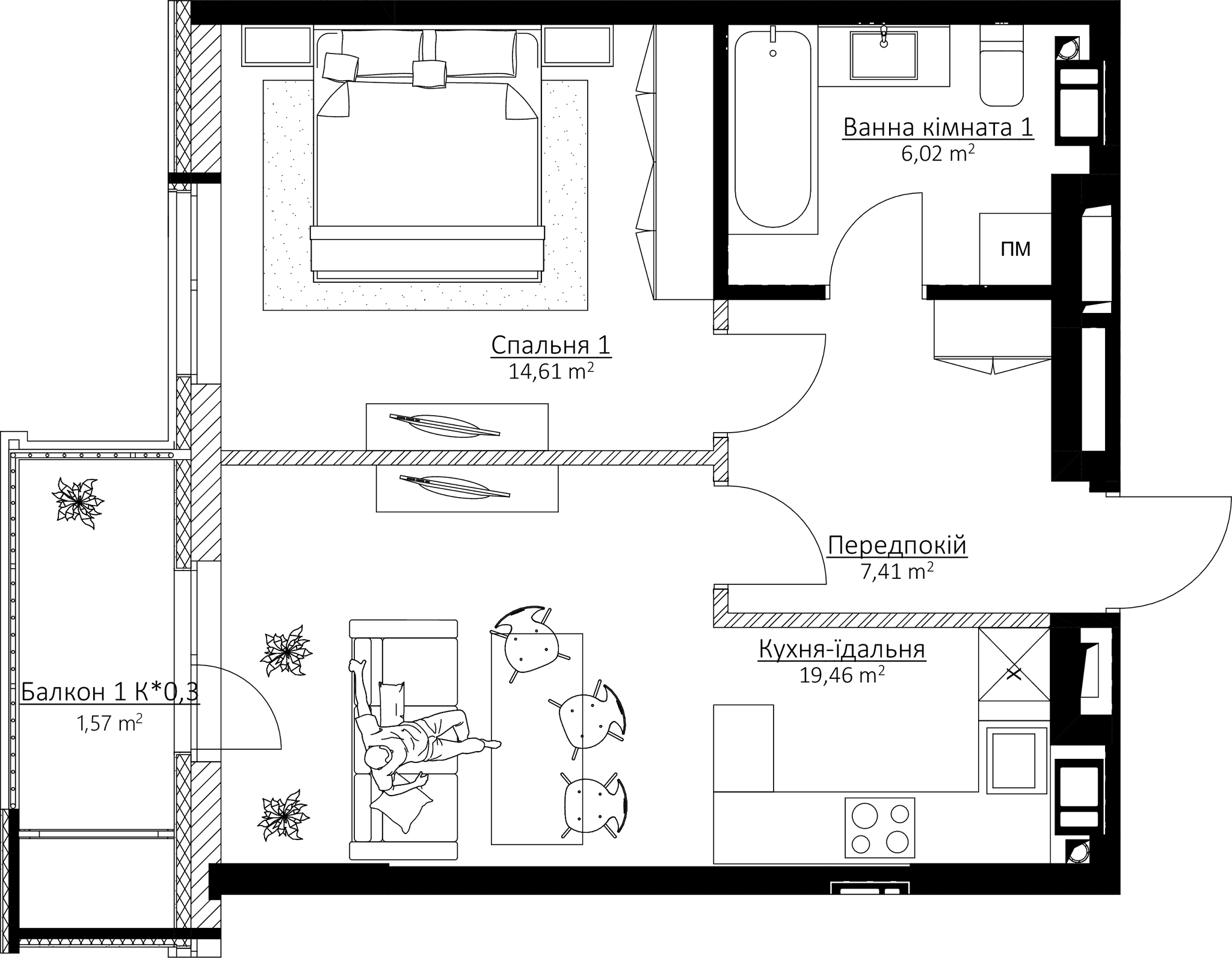 1-кімнатна 49.07 м² в ЖК BOSTON Creative House від 37 566 грн/м², Київ