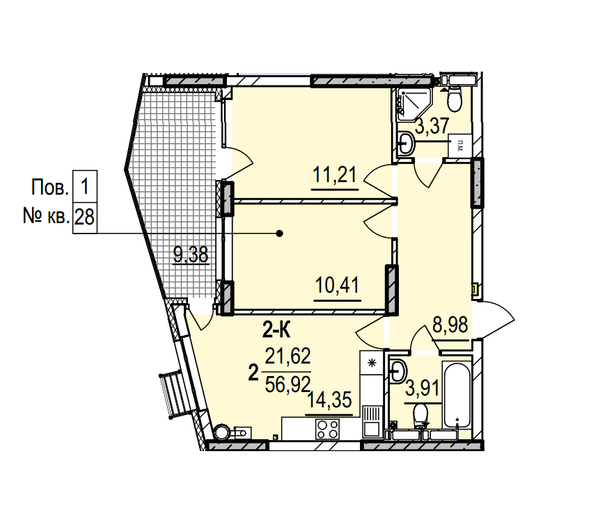 2-комнатная 56.92 м² в ЖК Итальянский квартал 2 от 32 313 грн/м², Киев